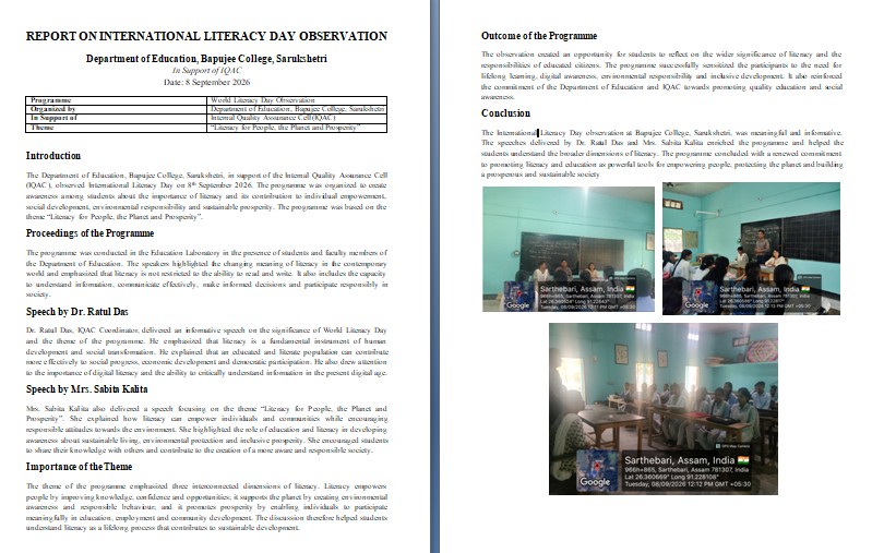 REPORT OF OBSERVATION OF INTERNATIONAL LITERACY DAY ON 8th SEPTEMBER,2026